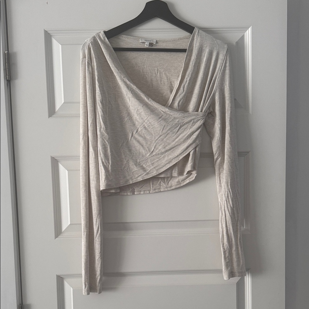 Aritzia Talula Cream Long Sleeve Wrap Crop Top